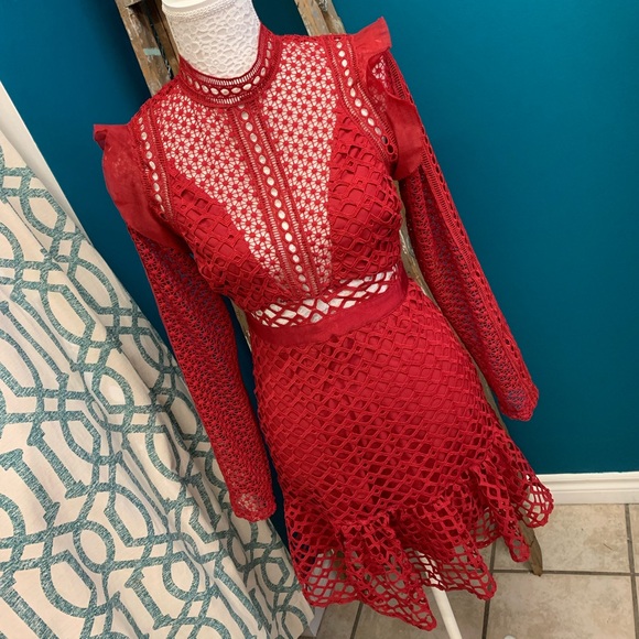 NWT Red Lacy Long Sleeved Cocktail Dress - Picture 1 of 5